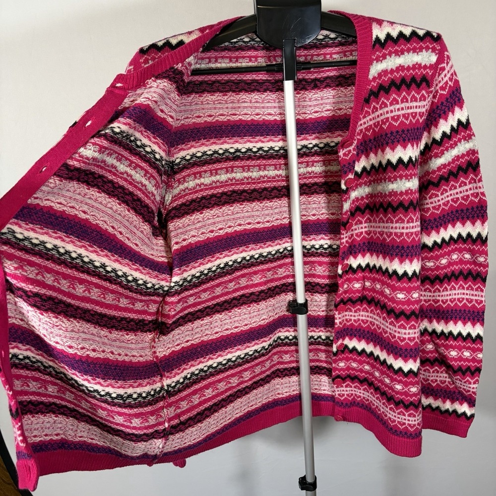 Talbots Petite XLP Pink Lambswool Blend Fair Isle Cardigan Cottage Ski Chic Prep - Picture 9 of 12
